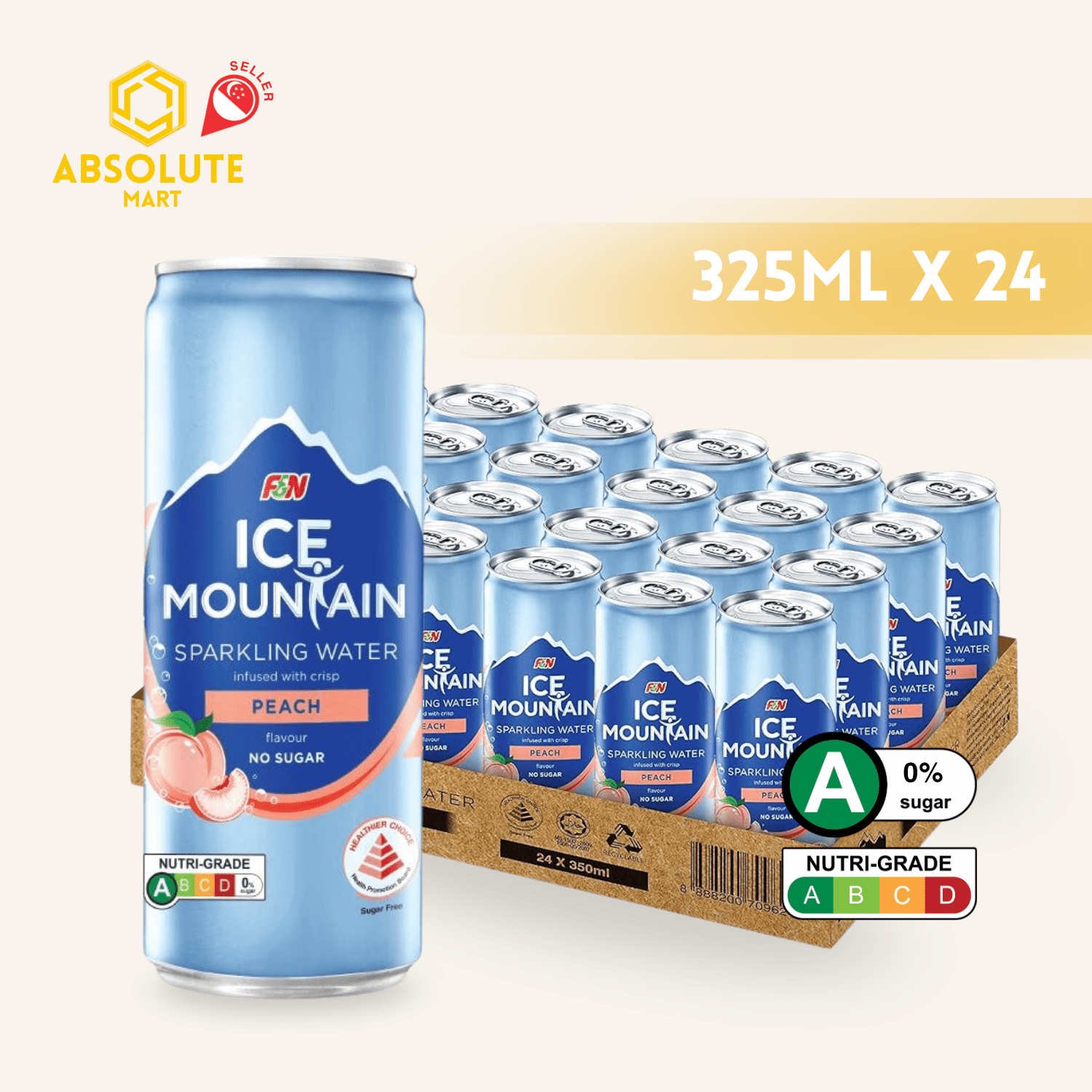 F&N Ice Mountain Sparkling Water Peach 325ML X 24 (CAN) - ABSOLUTE MARTF&N Ice Mountain Sparkling Water Peach 325ML X 24 (CAN)Sparkling Water