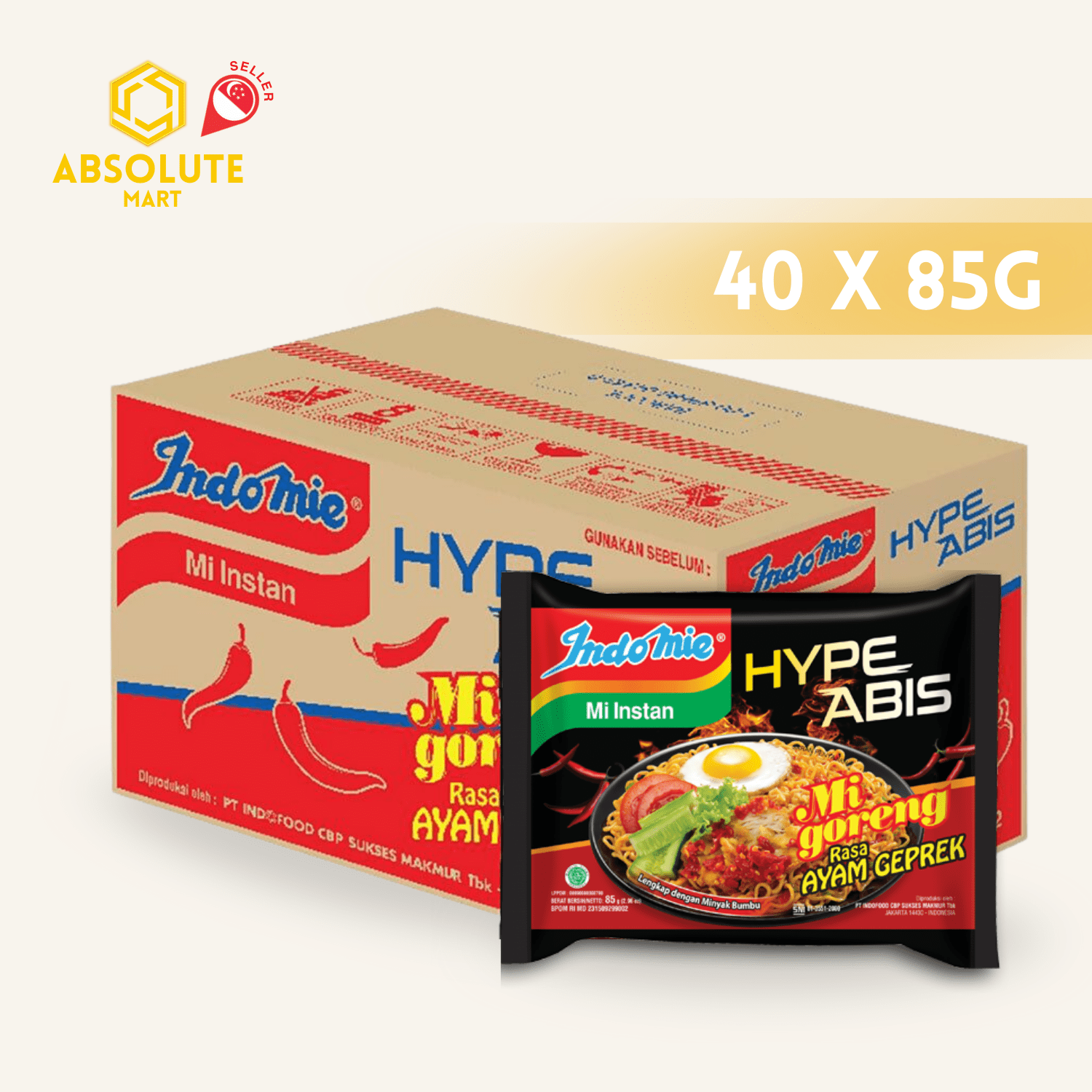INDOMIE Mee Goreng Hype Abis Ayam Geprek 40 PACK X 85G (PACKETS) - ABSOLUTE MARTINDOMIE Mee Goreng Hype Abis Ayam Geprek 40 PACK X 85G (PACKETS)Instant Noodles