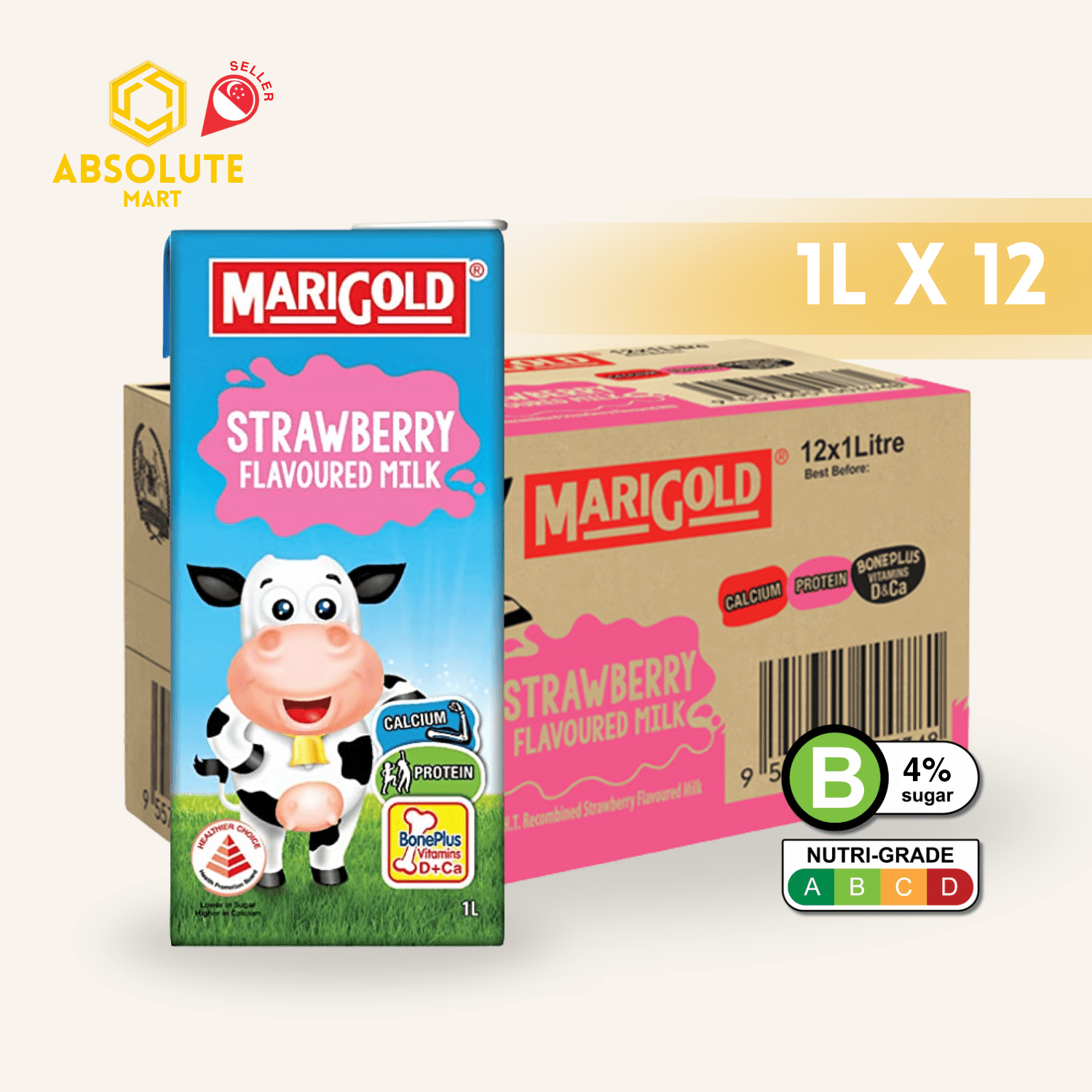 MARIGOLD UHT Strawberry Milk 1L X 12 (TETRA) - ABSOLUTE MARTMARIGOLD UHT Strawberry Milk 1L X 12 (TETRA)Dairy Milk