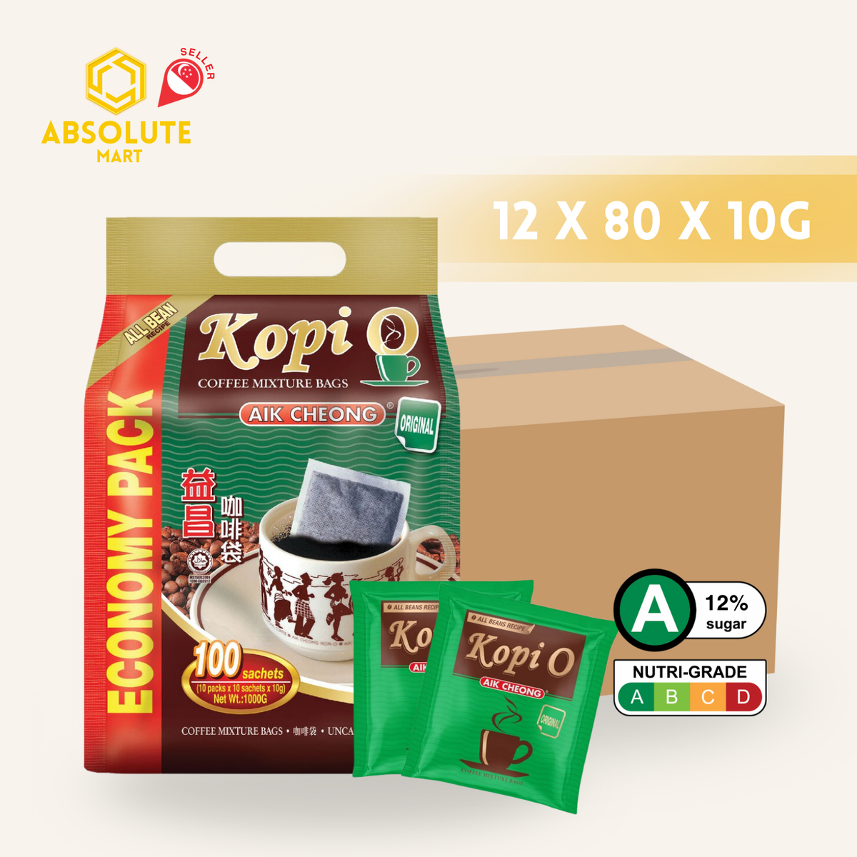 [CARTON] AIK CHEONG KOPI O 2-IN-1 12 PACKS X 80 STICKS X 10G (SACHETS)