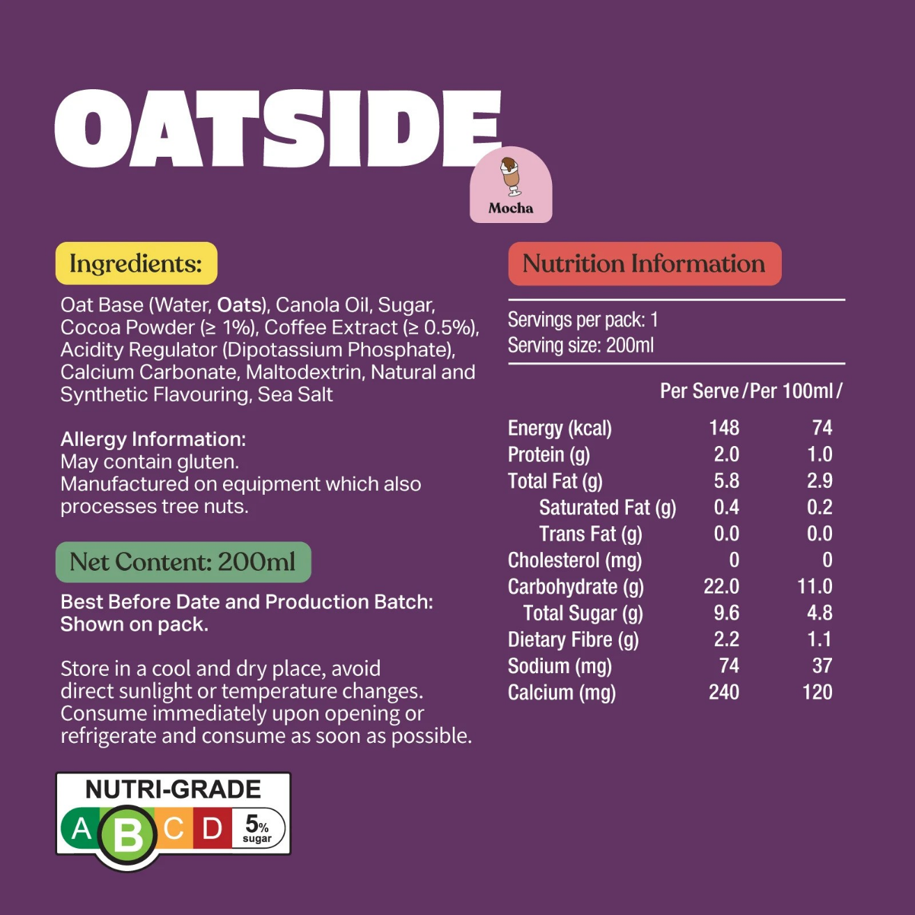 [SCREW CAP] OATSIDE Mocha Edition Oat Milk 200ML X 24 (TETRA)