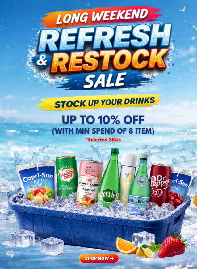 Long weekend refresh and restock sale on drinks including Capri Sun, Perrier, San Pellegrino and Dr Pepper.