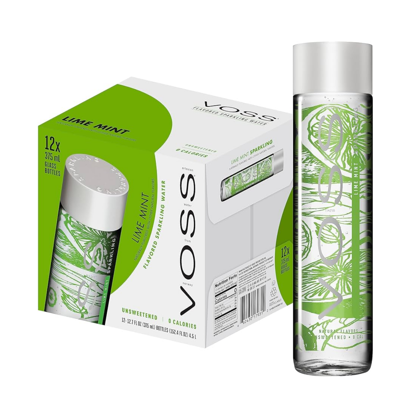 VOSS Lime & Mint Natural Sparkling Water SUGAR FREE 375ML X 12 (GLASS)