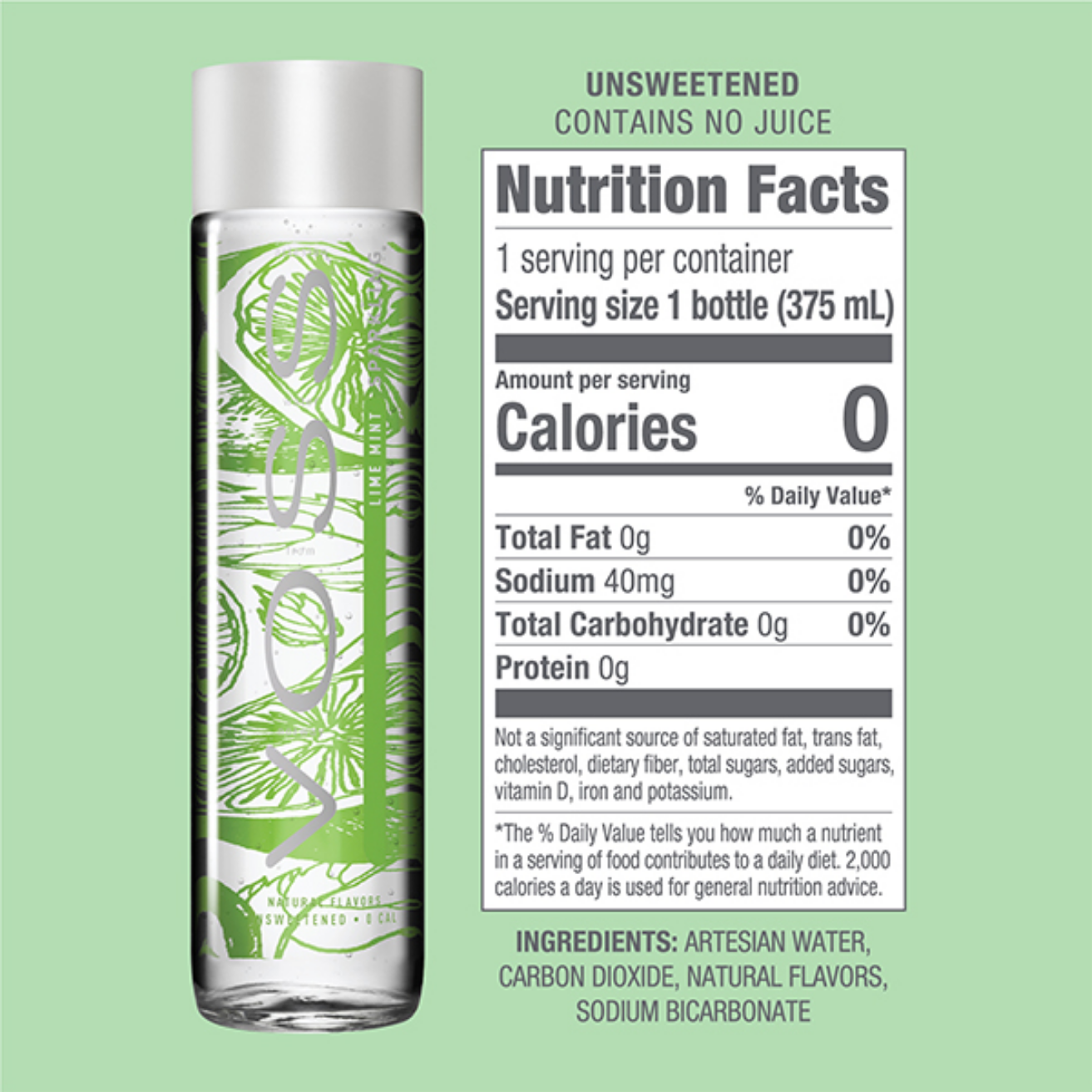 VOSS Lime & Mint Natural Sparkling Water SUGAR FREE 375ML X 12 (GLASS)