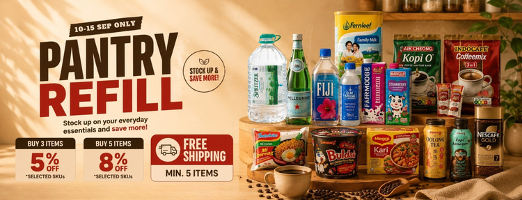 Singapore grocery sale for pantry staples and everyday essentials including coffee, tea, drinks and instant noodles, with 5% off 3 items, 8% off 5 items and free shipping.