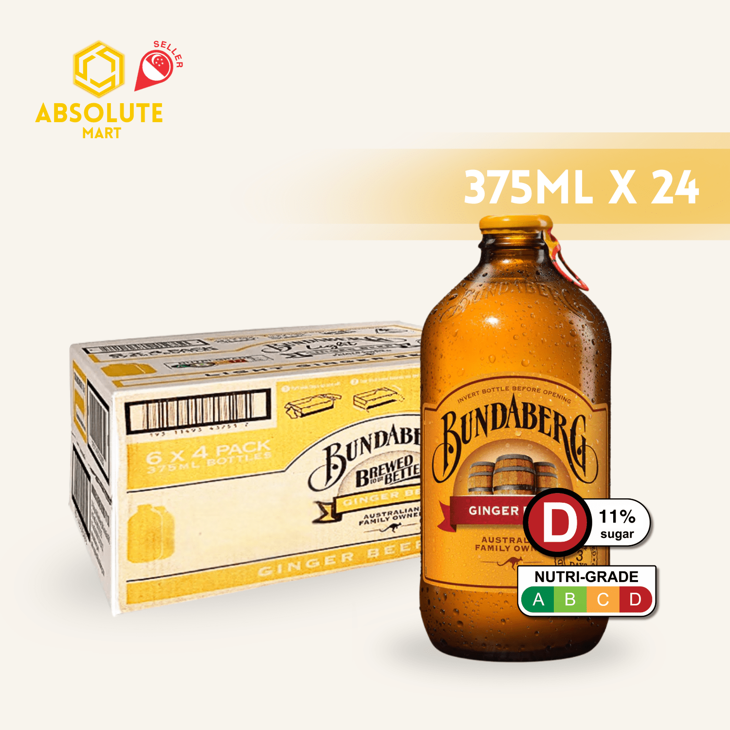BUNDABERG Ginger Beer 375ML X 24 (GLASS BOTTLE) - ABSOLUTE MARTBUNDABERG Ginger Beer 375ML X 24 (GLASS BOTTLE)Cola & Classic Sodas