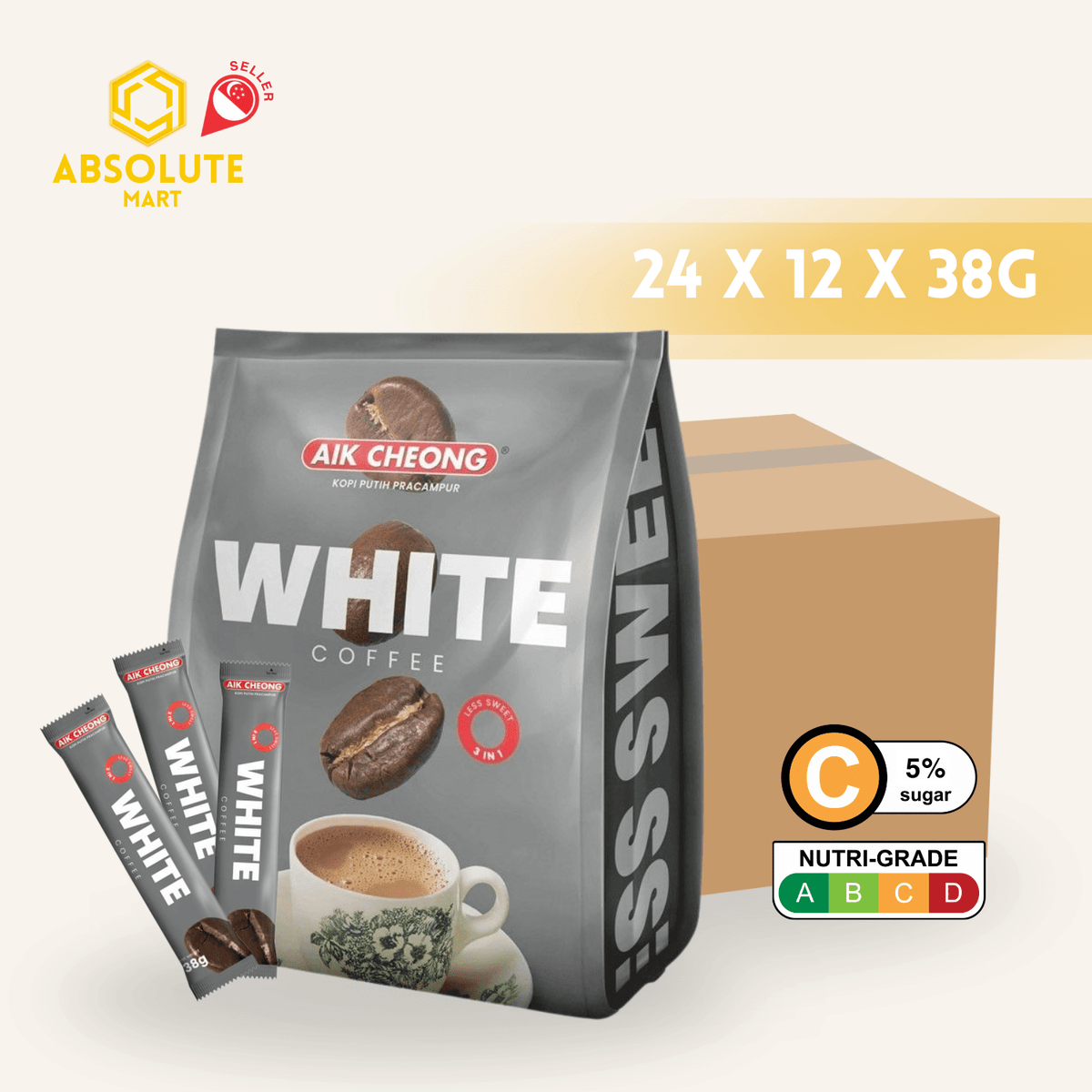 [CARTON] AIK CHEONG White Coffee 3 - IN - 1 Less Sweet 24 X 12 X 38G (SACHET) - ABSOLUTE MART[CARTON] AIK CHEONG White Coffee 3 - IN - 1 Less Sweet 24 X 12 X 38G (SACHET)Instant Coffees & Coffee Granules