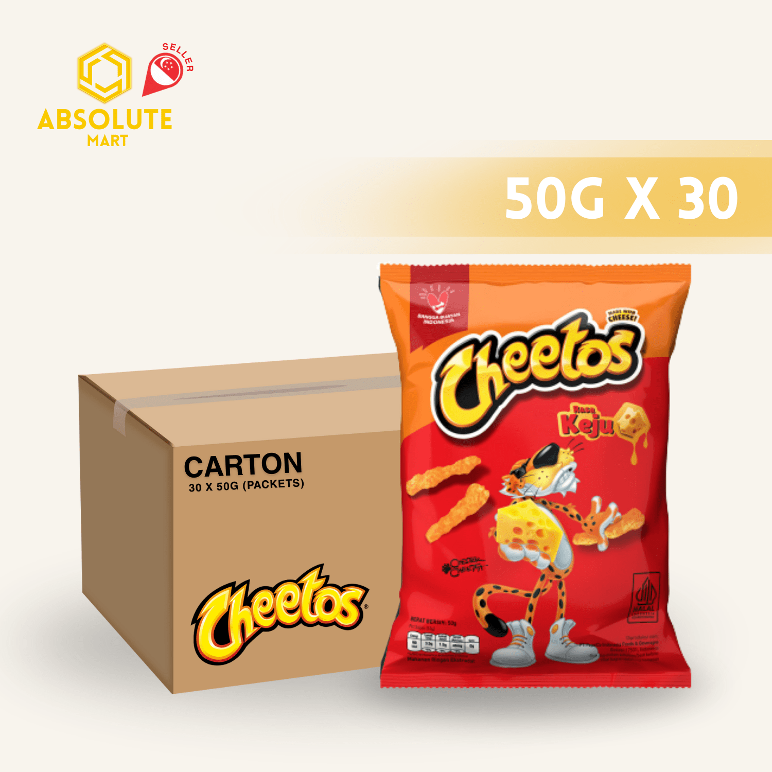 [CARTON] CHEETOS Original Cheese Flavour 50G X 30 (PACKETS) - ABSOLUTE MART[CARTON] CHEETOS Original Cheese Flavour 50G X 30 (PACKETS)Puffed Snacks