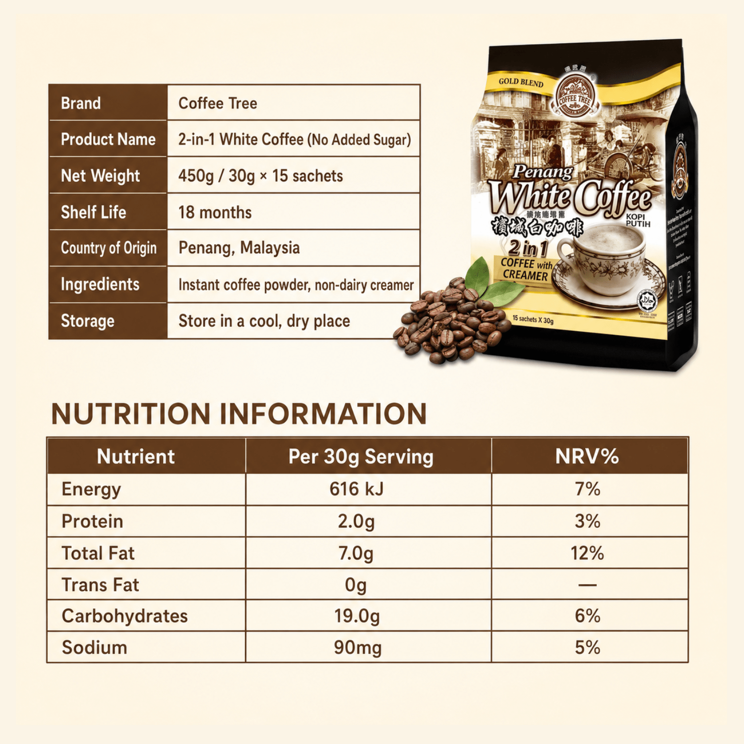 [CARTON] COFFEE TREE 2-IN-1 White Coffee No Sugar 30G X 15S X 30 (SACHET) - ABSOLUTE MART[CARTON] COFFEE TREE 2-IN-1 White Coffee No Sugar 30G X 15S X 30 (SACHET)Instant Coffees & Coffee Granules