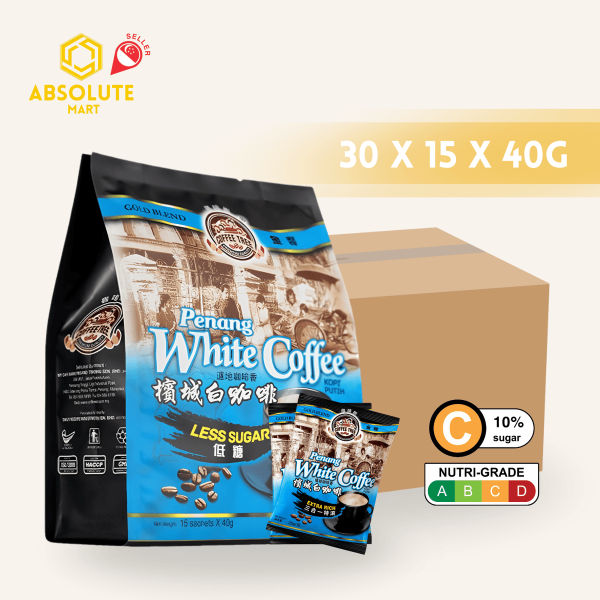 [CARTON] COFFEE TREE 3-IN-1 White Coffee Less Sugar 40G X 15S X 30 (SACHET) - ABSOLUTE MART[CARTON] COFFEE TREE 3-IN-1 White Coffee Less Sugar 40G X 15S X 30 (SACHET)Instant Coffees & Coffee Granules