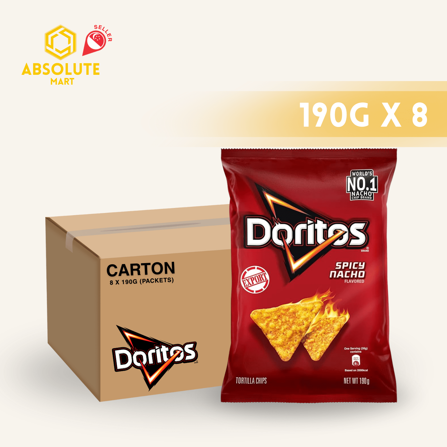 [CARTON] DORITOS Spicy Nacho 190G X 8 (PACKETS) - ABSOLUTE MART[CARTON] DORITOS Spicy Nacho 190G X 8 (PACKETS)Corn Chips