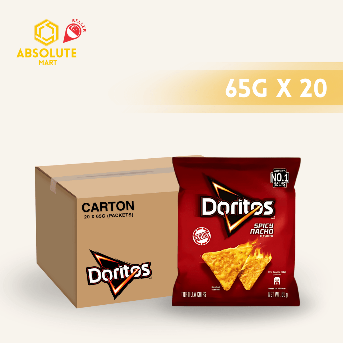[CARTON] DORITOS Spicy Nacho 65G X 20 (PACKETS) - ABSOLUTE MART[CARTON] DORITOS Spicy Nacho 65G X 20 (PACKETS)Corn Chips