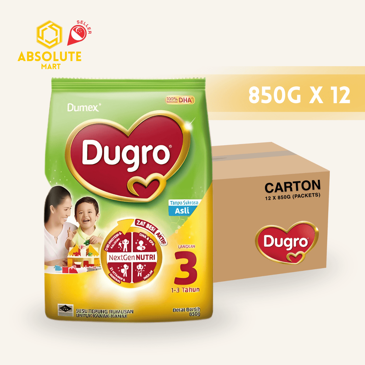 [CARTON] DUMEX DUGRO Stage 3 Regular 850G X 12 (PACKETS) - ABSOLUTE MART[CARTON] DUMEX DUGRO Stage 3 Regular 850G X 12 (PACKETS)Powdered Milk