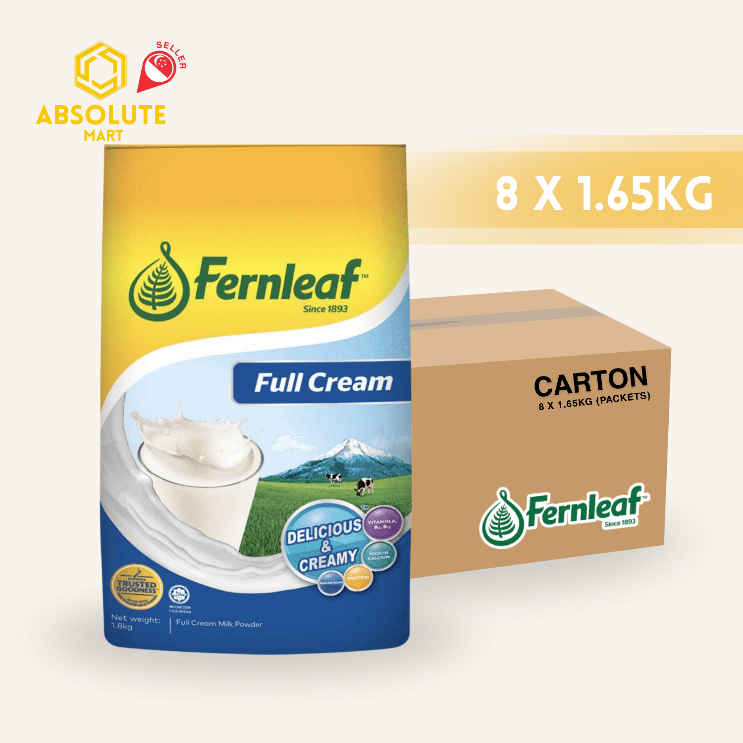 [CARTON] FERNLEAF Full Cream Milk Powder Refill 1.65KG X 8 (PACKETS) - ABSOLUTE MART[CARTON] FERNLEAF Full Cream Milk Powder Refill 1.65KG X 8 (PACKETS)Powdered Milk