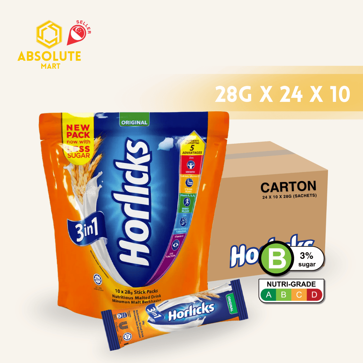 [CARTON] HORLICKS 3 - IN - 1 24 PACK X 10 X 28G (SACHET) - ABSOLUTE MART[CARTON] HORLICKS 3 - IN - 1 24 PACK X 10 X 28G (SACHET)Malt Drinks