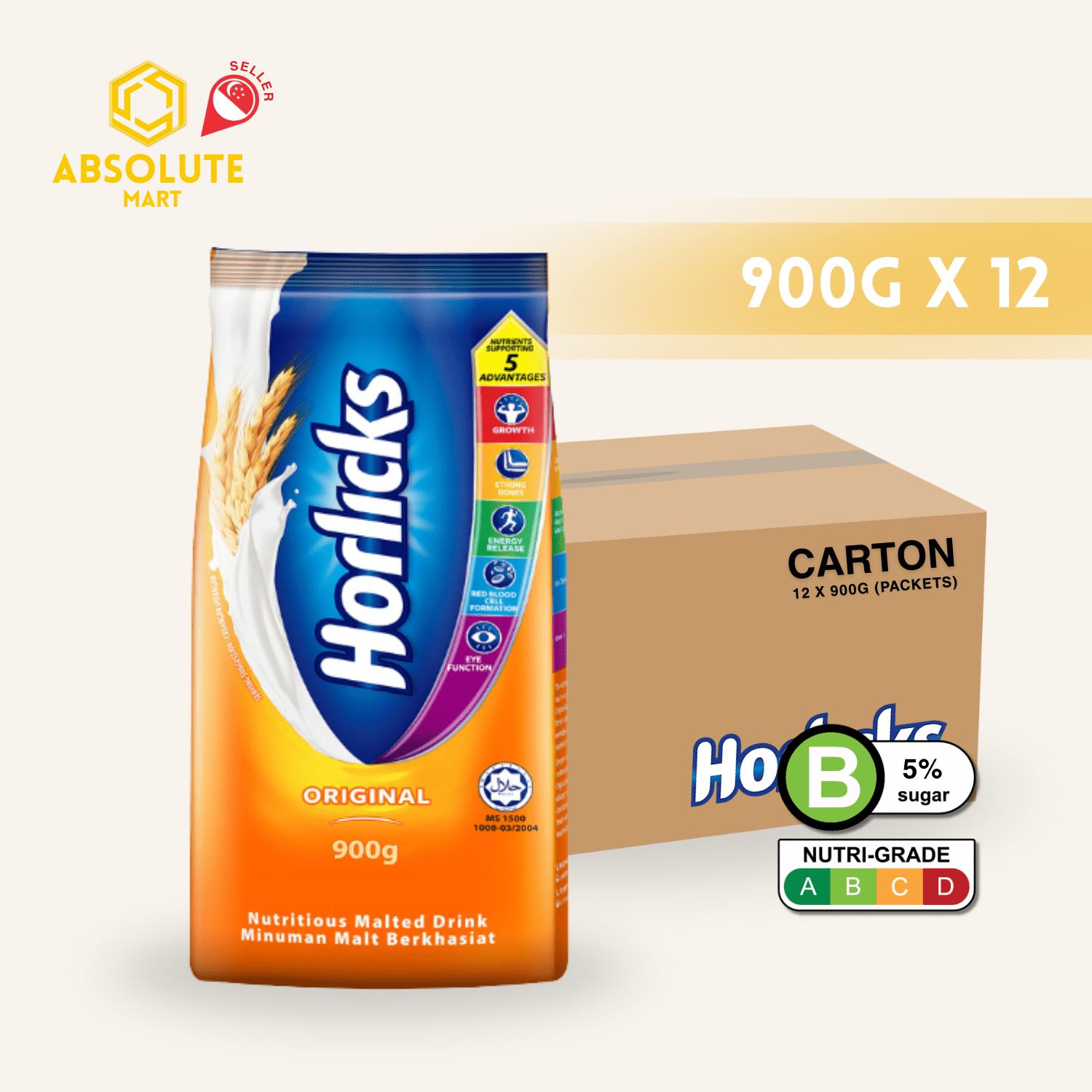 [CARTON] HORLICKS Original Refill Pack 900G X 12 (PACKETS) - ABSOLUTE MART[CARTON] HORLICKS Original Refill Pack 900G X 12 (PACKETS)Malt Drinks