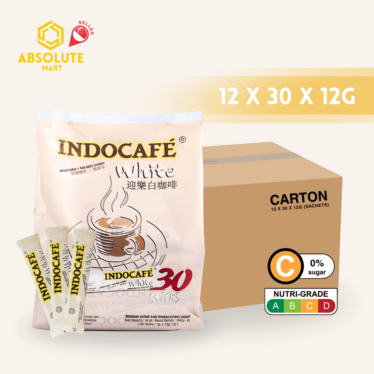 [CARTON] INDOCAFE White Coffee 12 Pack X 30 X 12G (SACHET) - ABSOLUTE MART[CARTON] INDOCAFE White Coffee 12 Pack X 30 X 12G (SACHET)Instant Coffees & Coffee Granules
