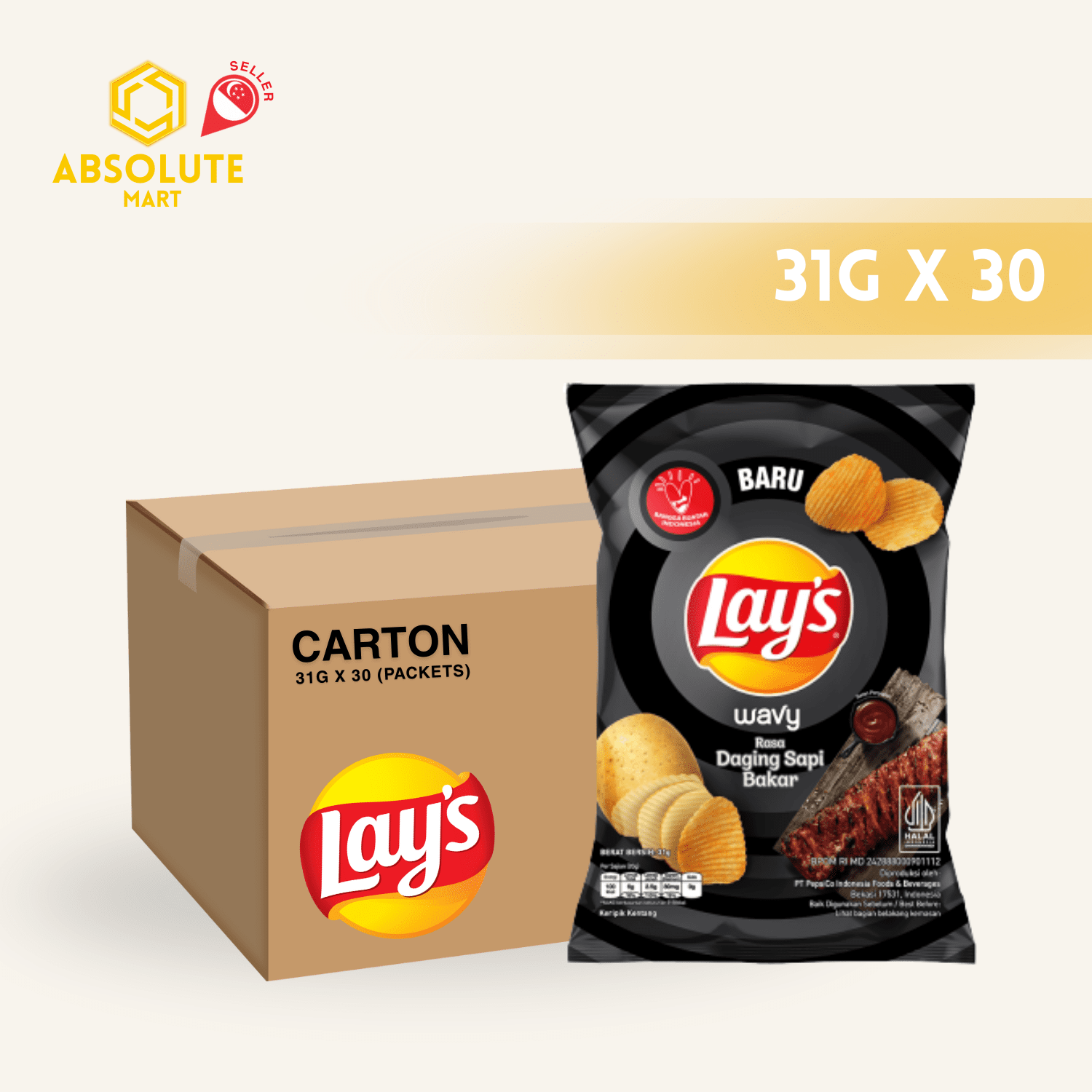 [CARTON] LAY'S BBQ Beef 31G X 30 (PACKETS) - ABSOLUTE MART[CARTON] LAY'S BBQ Beef 31G X 30 (PACKETS)Potato Chips