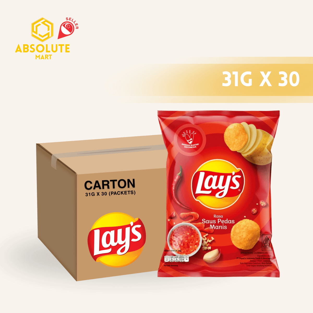 [CARTON] LAY'S Sweet Chilli 31G X 30 (PACKETS) - ABSOLUTE MART[CARTON] LAY'S Sweet Chilli 31G X 30 (PACKETS)Potato Chips