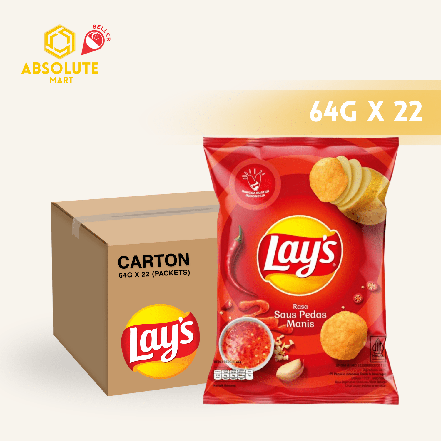 [CARTON] LAY'S Sweet Chilli 64G X 22 (PACKETS) - ABSOLUTE MART[CARTON] LAY'S Sweet Chilli 64G X 22 (PACKETS)Potato Chips