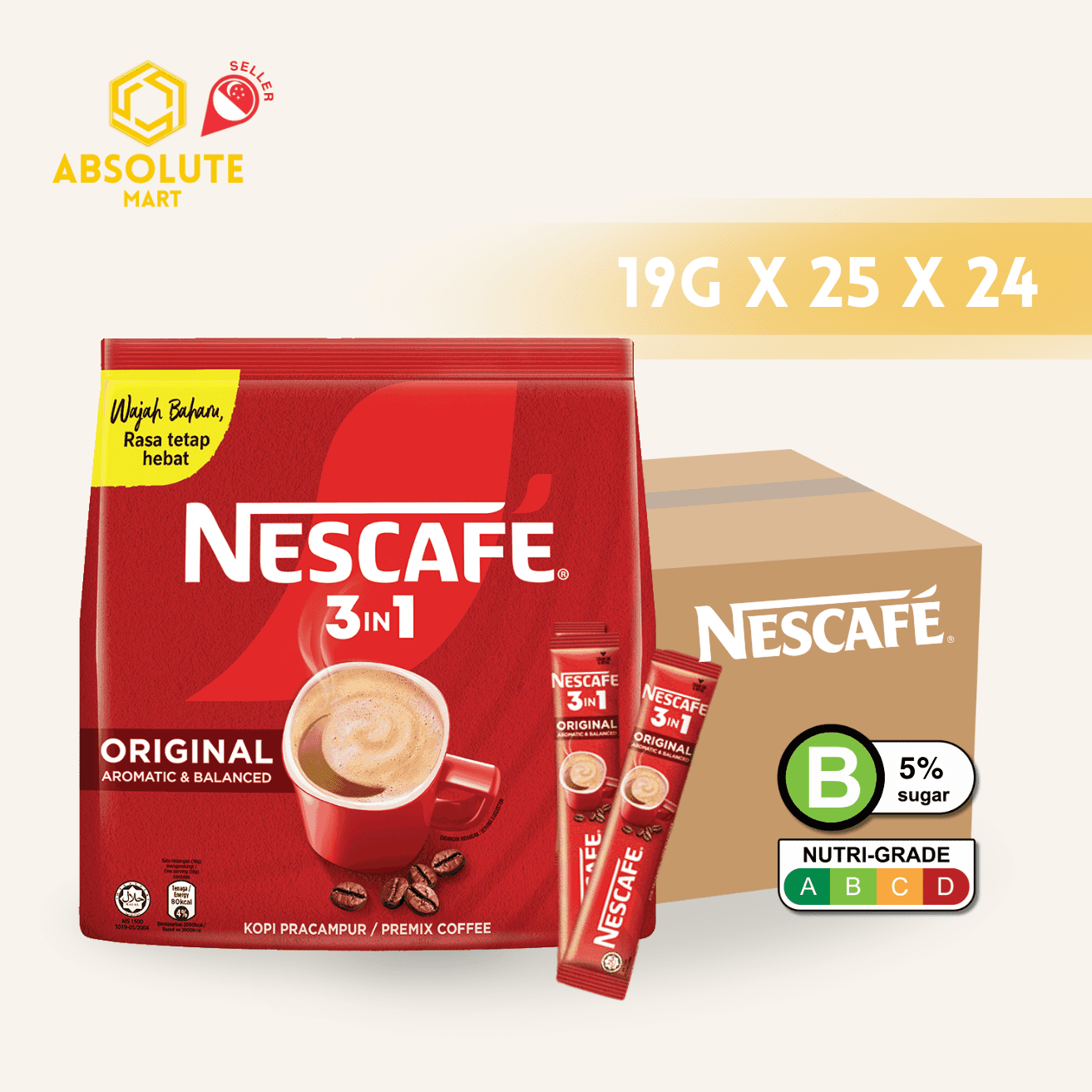 [CARTON] NESCAFE ORIGINAL 3 IN 1 24 PACK X 25 STICKS X 19G (SACHETS) - ABSOLUTE MART[CARTON] NESCAFE ORIGINAL 3 IN 1 24 PACK X 25 STICKS X 19G (SACHETS)Instant Coffees & Coffee Granules
