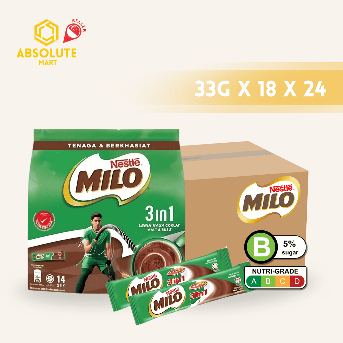 [CARTON] NESTLE MILO Active Go 3 - in - 1 24 PACK X 14 STICKS X 33G (SACHET) - ABSOLUTE MART[CARTON] NESTLE MILO Active Go 3 - in - 1 24 PACK X 14 STICKS X 33G (SACHET)Malt Drinks