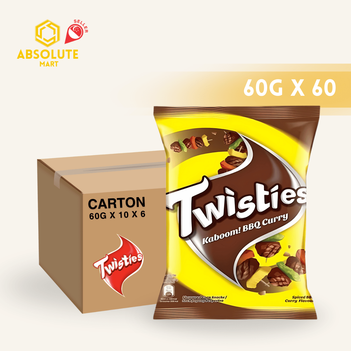 [CARTON] TWISTIES BBQ Curry 60G X 10 X 6 (PACKETS) - ABSOLUTE MART[CARTON] TWISTIES BBQ Curry 60G X 10 X 6 (PACKETS)Corn Chips