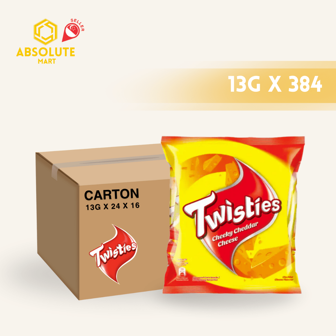 [CARTON] TWISTIES Cheddar Cheese 13G X 24 X 16 (PACKETS) - ABSOLUTE MART[CARTON] TWISTIES Cheddar Cheese 13G X 24 X 16 (PACKETS)Corn Chips