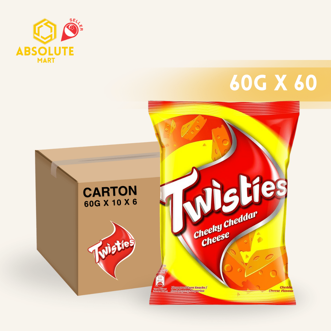[CARTON] TWISTIES Cheddar Cheese 60G X 10 X 6 (PACKETS) - ABSOLUTE MART[CARTON] TWISTIES Cheddar Cheese 60G X 10 X 6 (PACKETS)Corn Chips