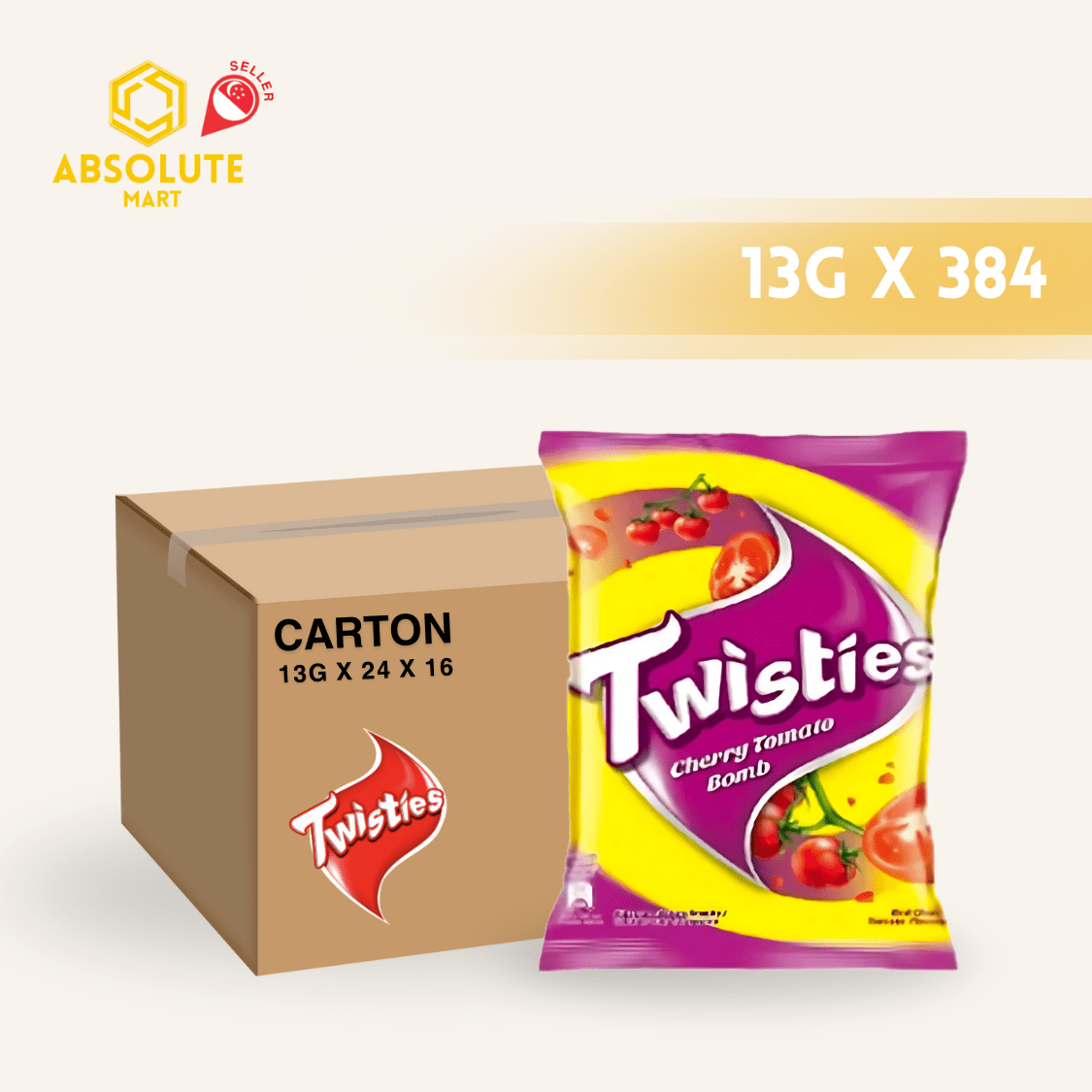 [CARTON] TWISTIES Cherry Tomato 13G X 24 X 16 (PACKETS) - ABSOLUTE MART[CARTON] TWISTIES Cherry Tomato 13G X 24 X 16 (PACKETS)Corn Chips