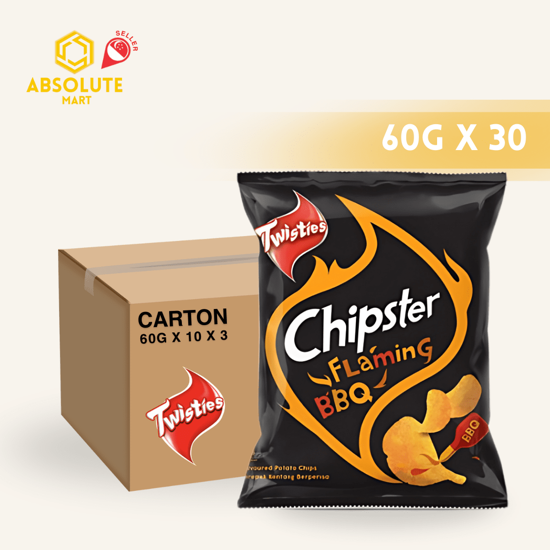 [CARTON] TWISTIES Chipster Flaming BBQ 60G X 10 X 3 (PACKETS - ABSOLUTE MART[CARTON] TWISTIES Chipster Flaming BBQ 60G X 10 X 3 (PACKETSCorn Chips