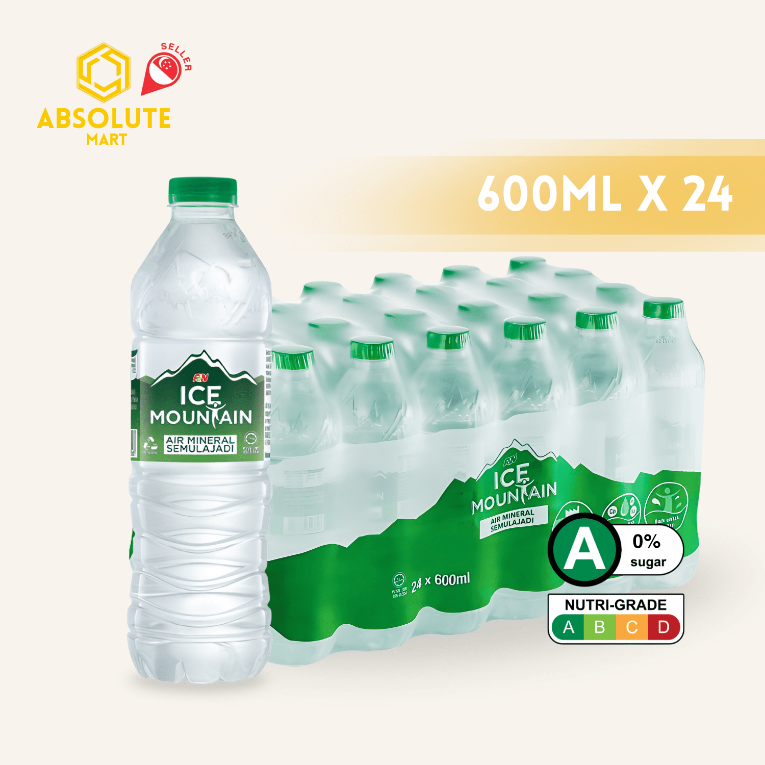 F&N Ice Mountain [GREEN] Mineral Water 600ML X 24 (BOTTLE) - ABSOLUTE MARTF&N Ice Mountain [GREEN] Mineral Water 600ML X 24 (BOTTLE)Still Water
