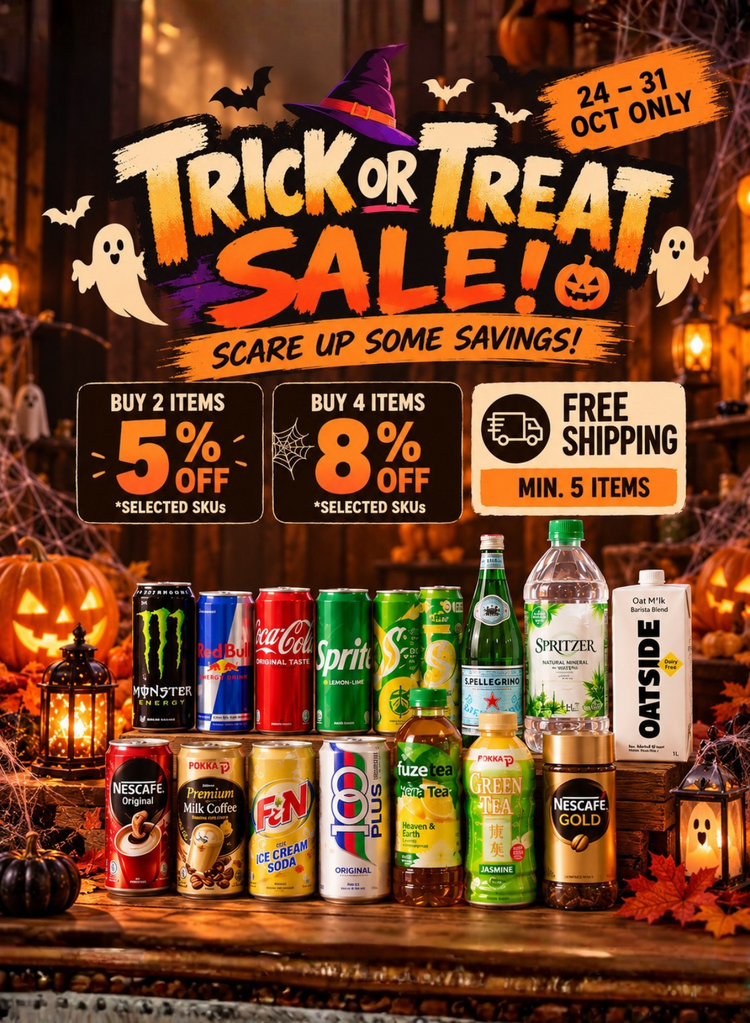 Halloween drinks sale in Singapore featuring Monster, Red Bull, Coca-Cola, Sprite, Pokka, Nescafé and other beverages, with 5% off 2 selected items, 8% off 4 selected items and free shipping on a minimum of 5 items.