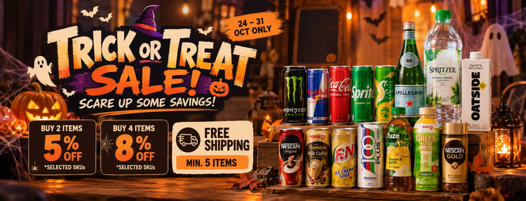 Halloween drinks sale in Singapore featuring Monster, Red Bull, Coca-Cola, Sprite, Pokka, Nescafé and other beverages, with up to 8% off selected items and free shipping on a minimum of 5 items at AbsoluteMart.