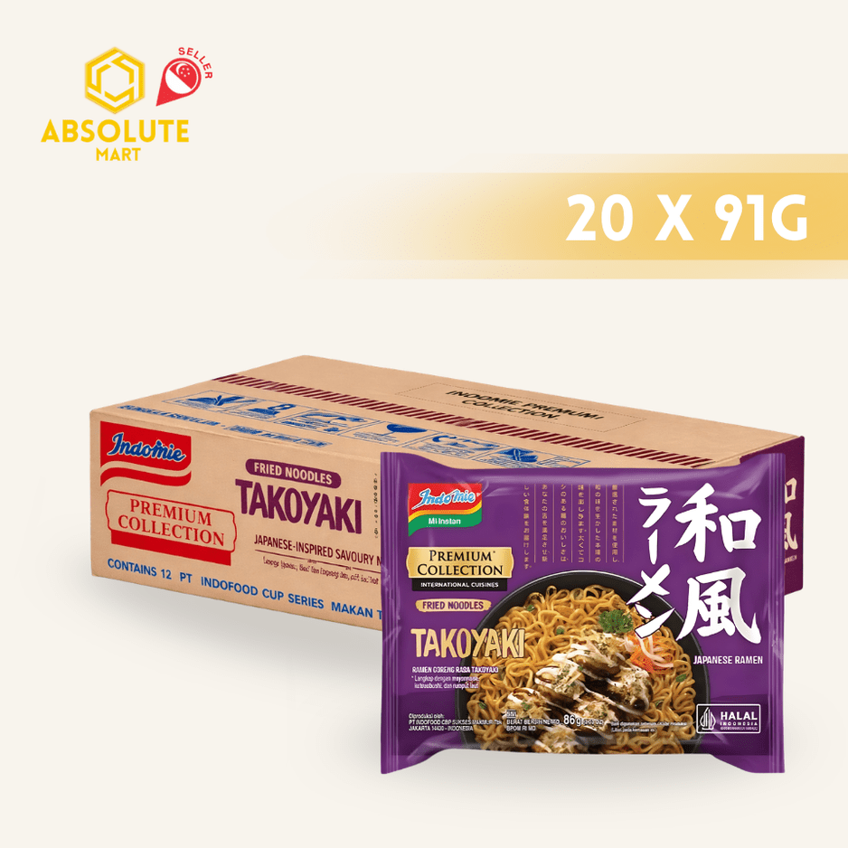 INDOMIE PREMIUM Ramen Takoyaki 91G X 20 (PACKETS) - ABSOLUTE MARTINDOMIE PREMIUM Ramen Takoyaki 91G X 20 (PACKETS)Instant Noodles