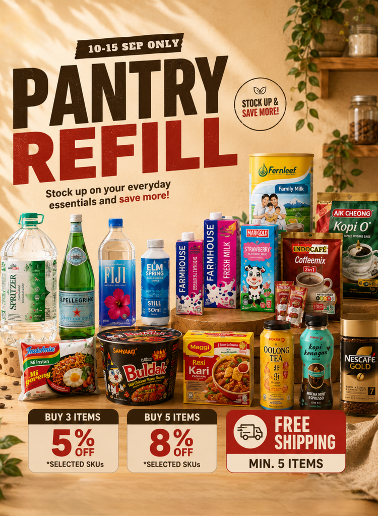 Singapore grocery sale for pantry staples and everyday essentials including coffee, tea, drinks and instant noodles, with 5% off 3 items, 8% off 5 items and free shipping.