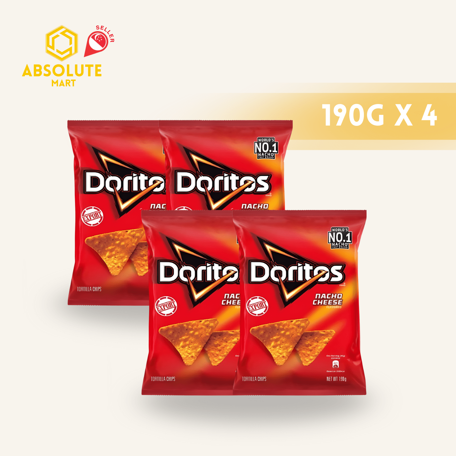 [SINGLE BUNDLE] DORITOS Nacho Cheese 190G X 4 (PACKETS) - ABSOLUTE MART[SINGLE BUNDLE] DORITOS Nacho Cheese 190G X 4 (PACKETS)Corn Chips