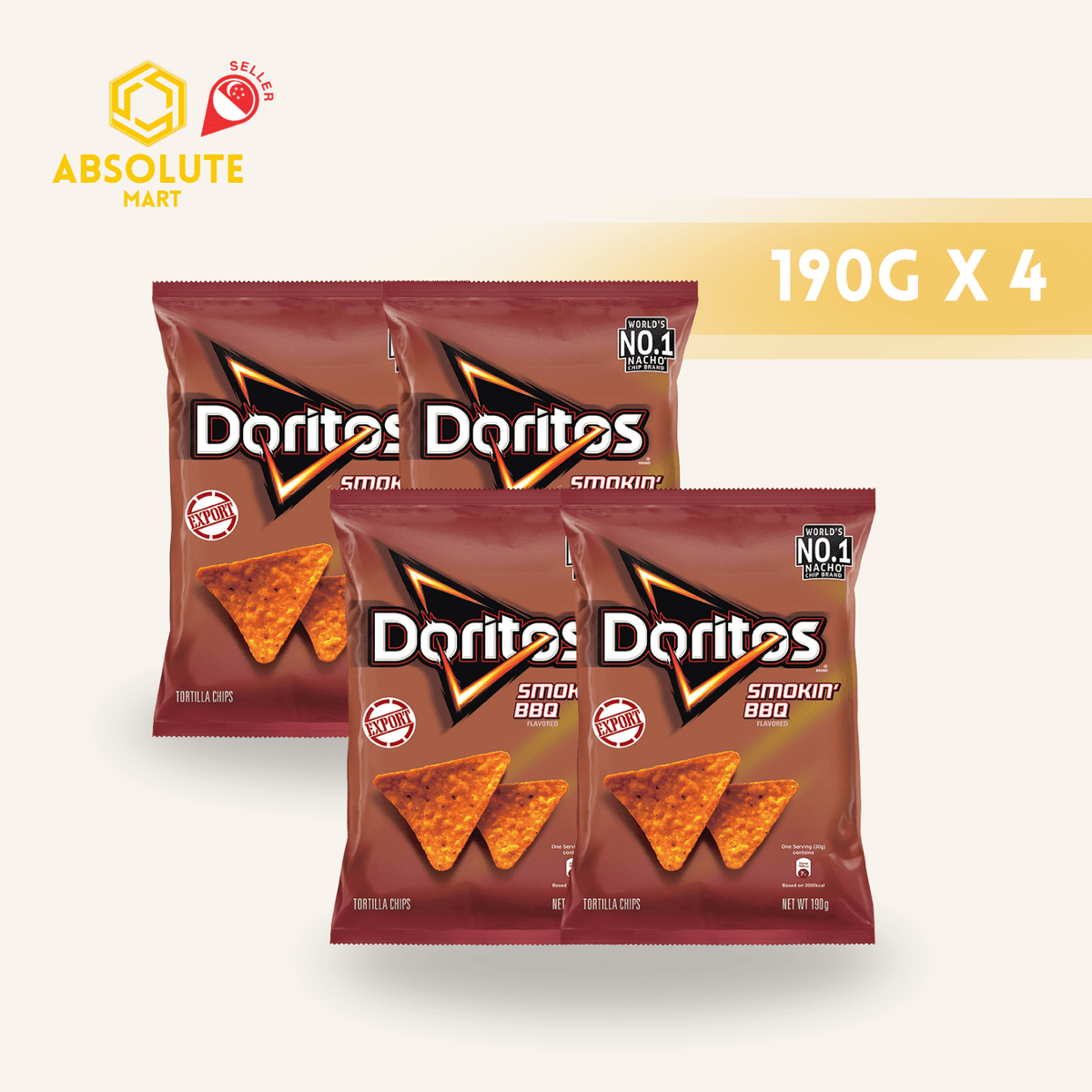 [SINGLE BUNDLE] DORITOS Smoking BBQ 190G X 4 (PACKETS) - ABSOLUTE MART[SINGLE BUNDLE] DORITOS Smoking BBQ 190G X 4 (PACKETS)Corn Chips