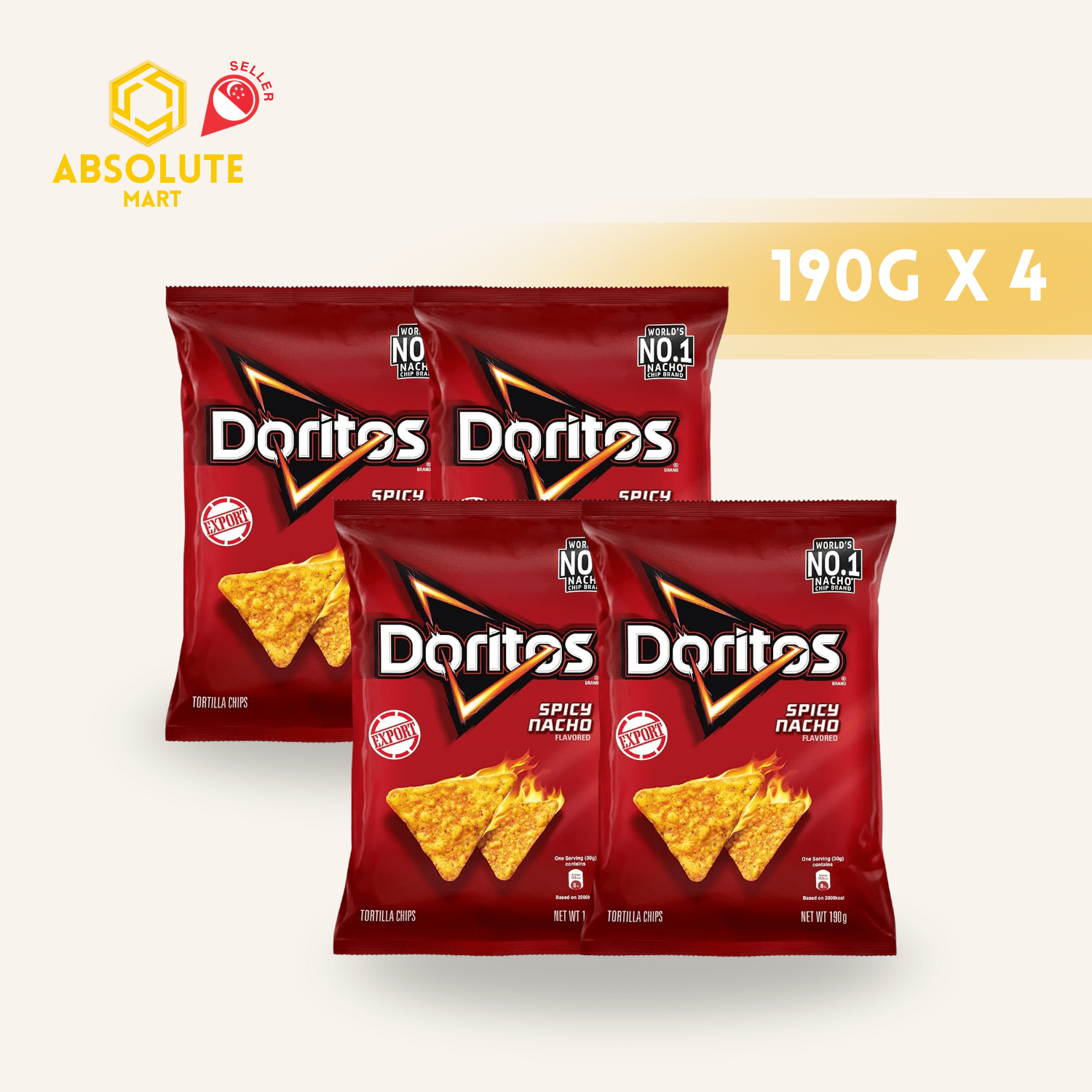 [SINGLE BUNDLE] DORITOS Spicy Nacho 190G X 4 (PACKETS) - ABSOLUTE MART[SINGLE BUNDLE] DORITOS Spicy Nacho 190G X 4 (PACKETS)Corn Chips