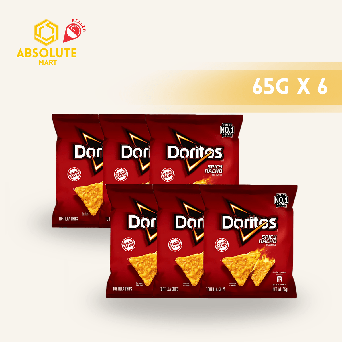 [SINGLE BUNDLE] DORITOS Spicy Nacho 65G X 6 (PACKETS) - ABSOLUTE MART[SINGLE BUNDLE] DORITOS Spicy Nacho 65G X 6 (PACKETS)Corn Chips