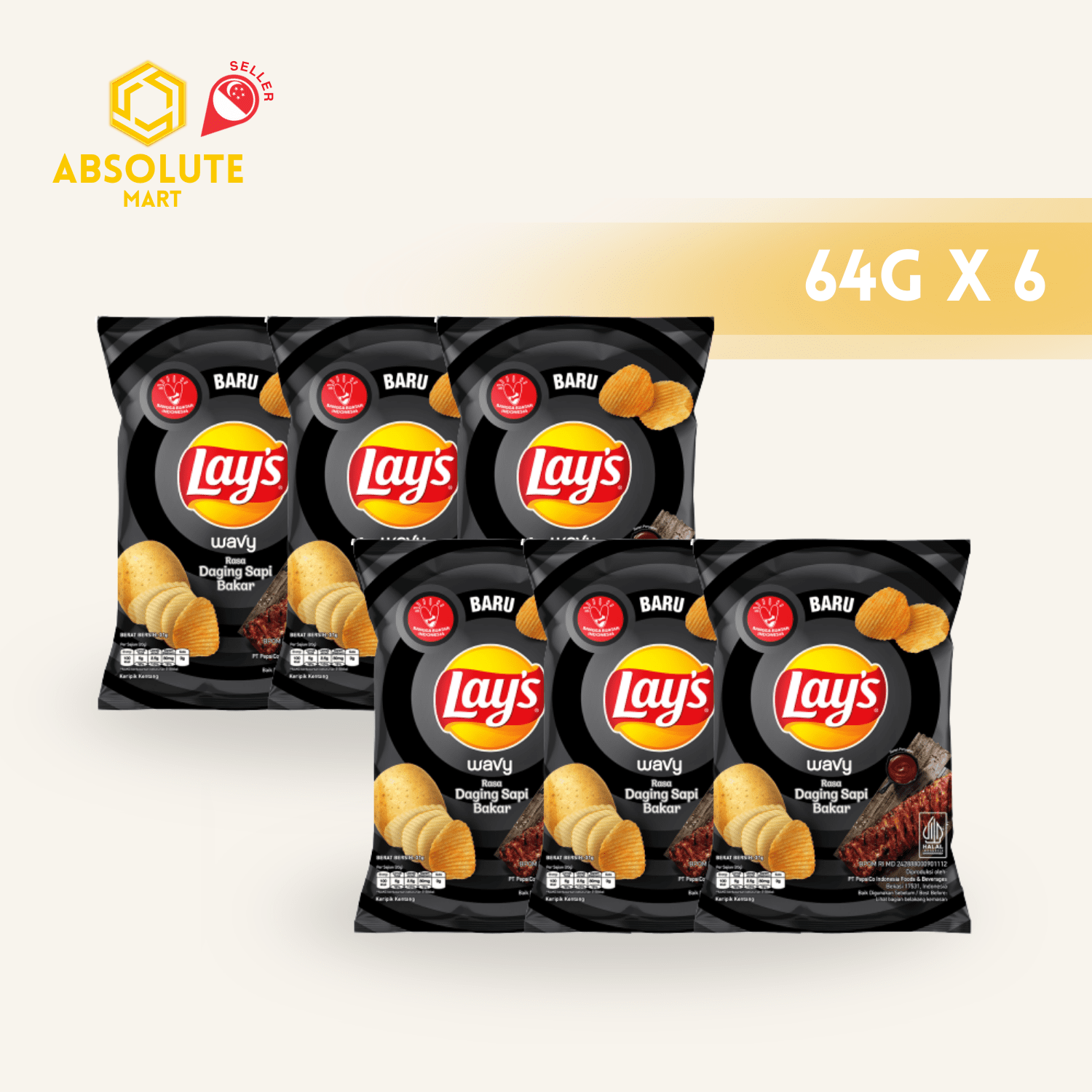 [SINGLE BUNDLE] LAY'S BBQ Beef 64G X 6 (PACKETS) - ABSOLUTE MART[SINGLE BUNDLE] LAY'S BBQ Beef 64G X 6 (PACKETS)Potato Chips