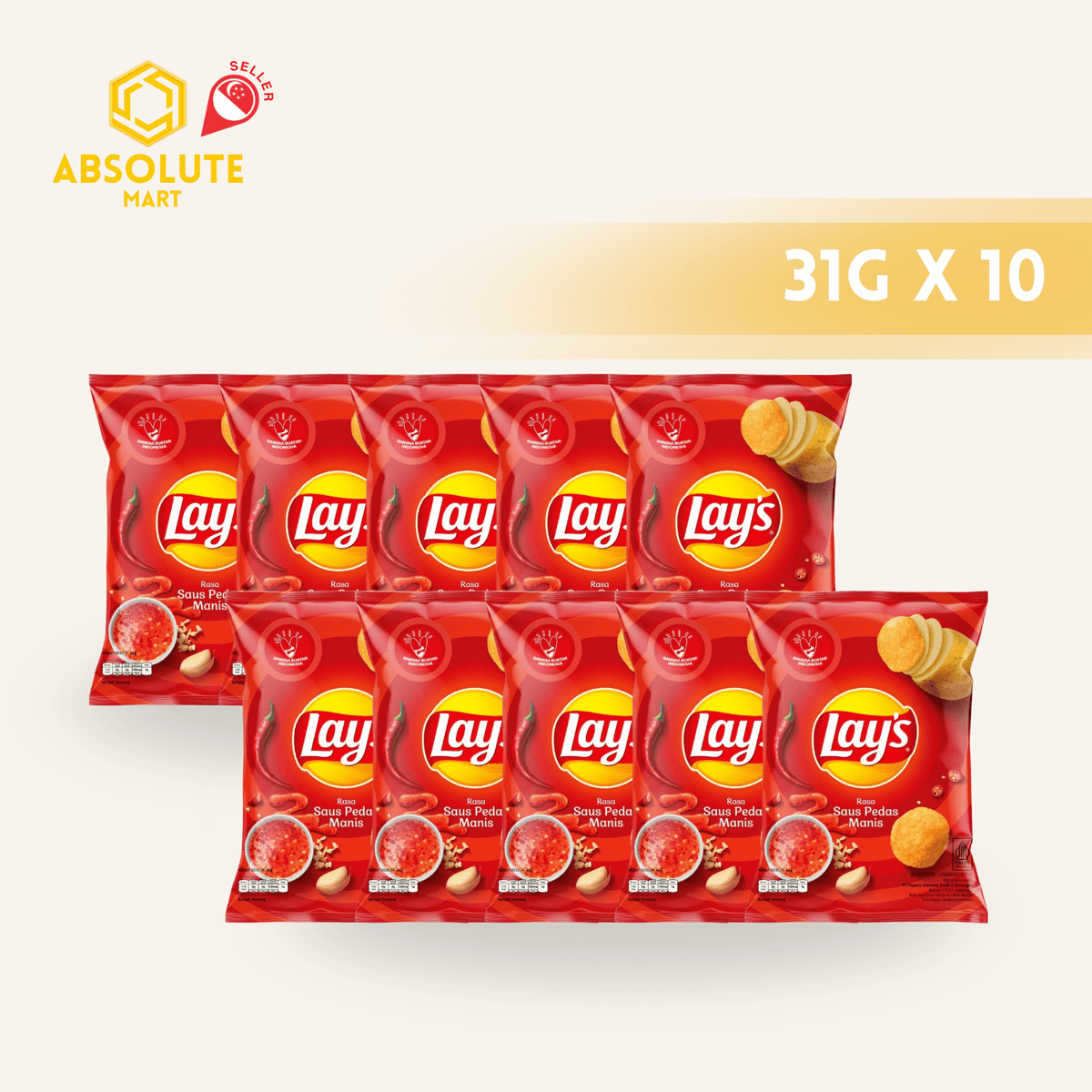 [SINGLE BUNDLE] LAY'S Sweet Chilli 31G X 10 (PACKETS) - ABSOLUTE MART[SINGLE BUNDLE] LAY'S Sweet Chilli 31G X 10 (PACKETS)Potato Chips