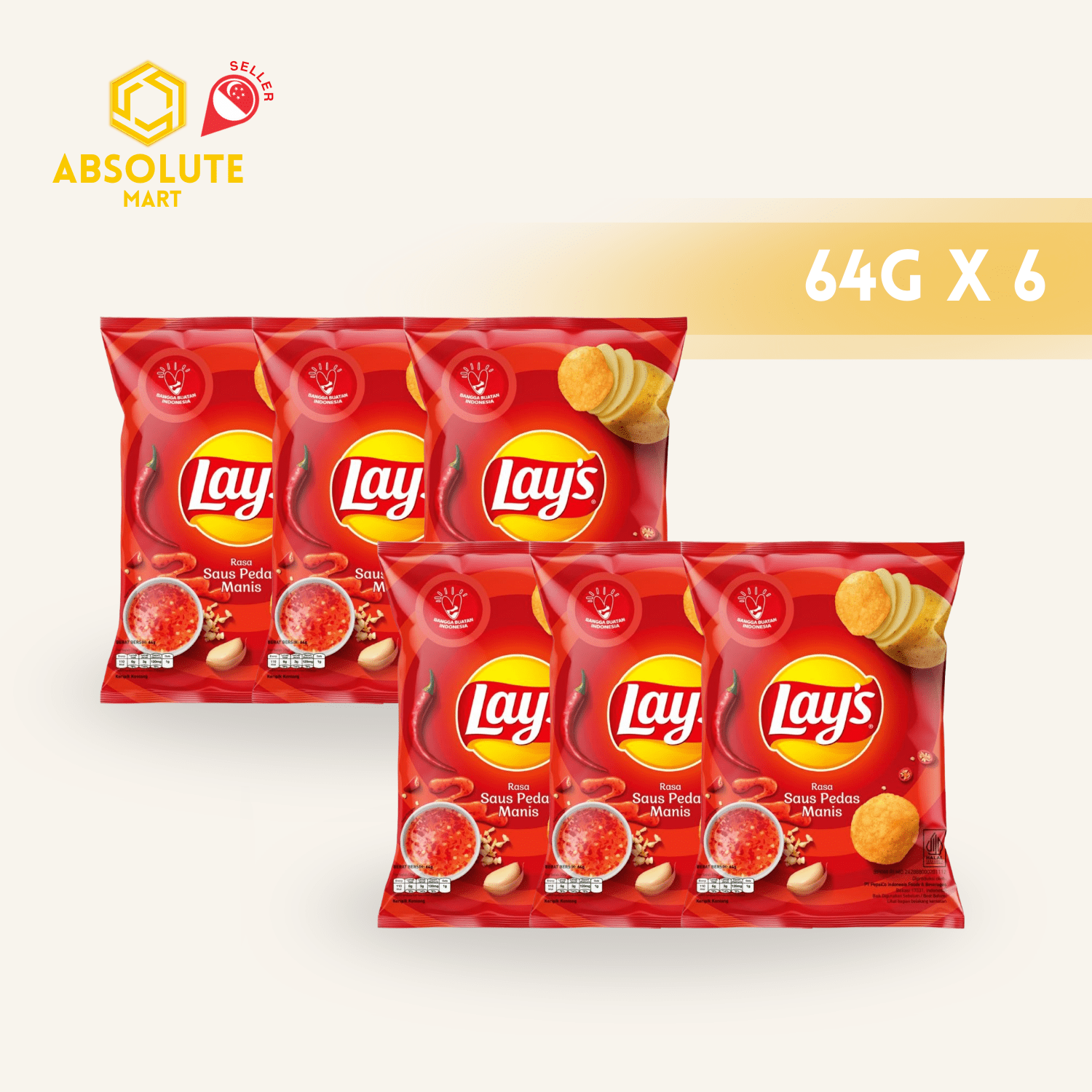 [SINGLE BUNDLE] LAY'S Sweet Chilli 64G X 6 (PACKETS) - ABSOLUTE MART[SINGLE BUNDLE] LAY'S Sweet Chilli 64G X 6 (PACKETS)Potato Chips