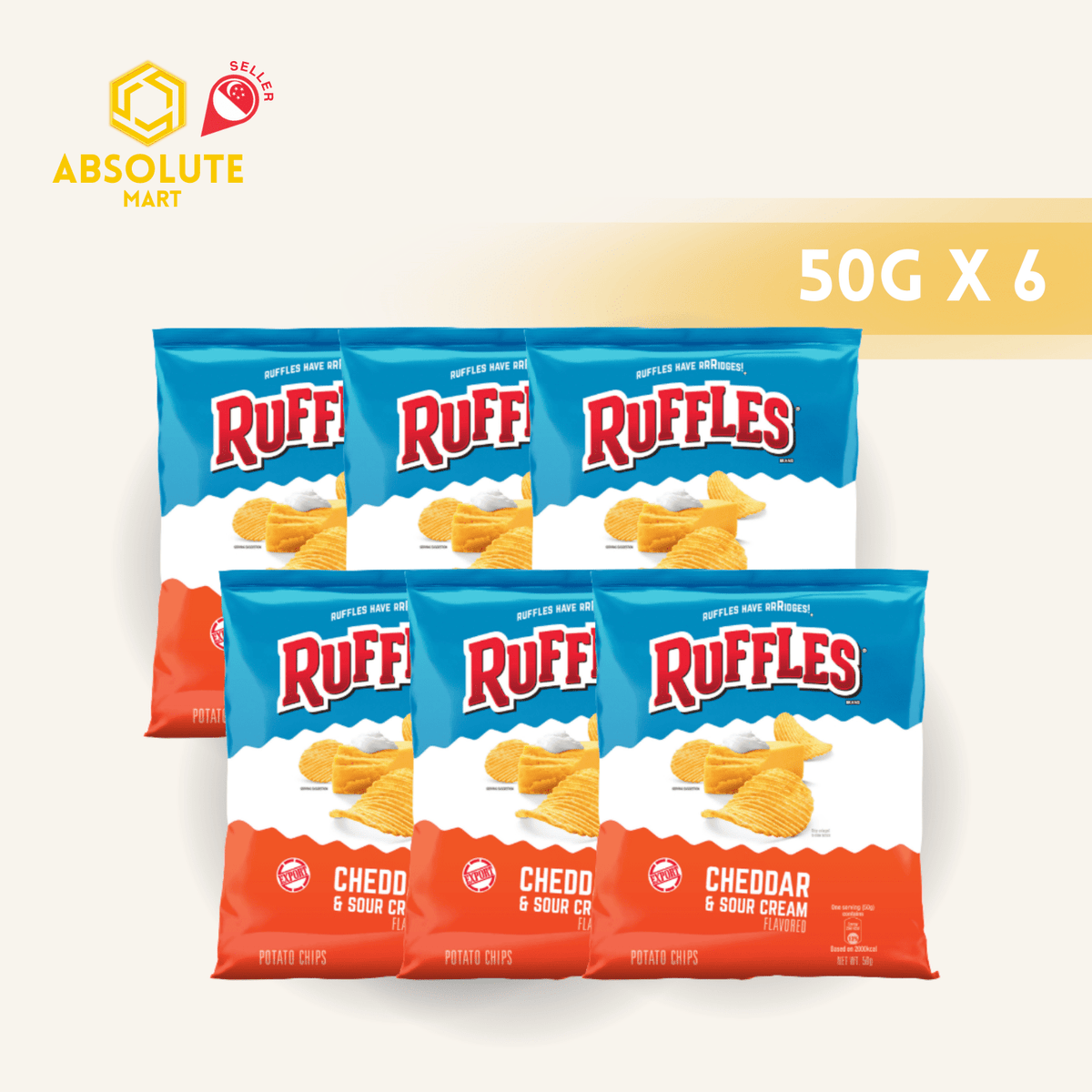 [SINGLE BUNDLE] RUFFLES Cheddar & Sour Cream 50G X 6 (PACKETS) - ABSOLUTE MART[SINGLE BUNDLE] RUFFLES Cheddar & Sour Cream 50G X 6 (PACKETS)Potato Chips