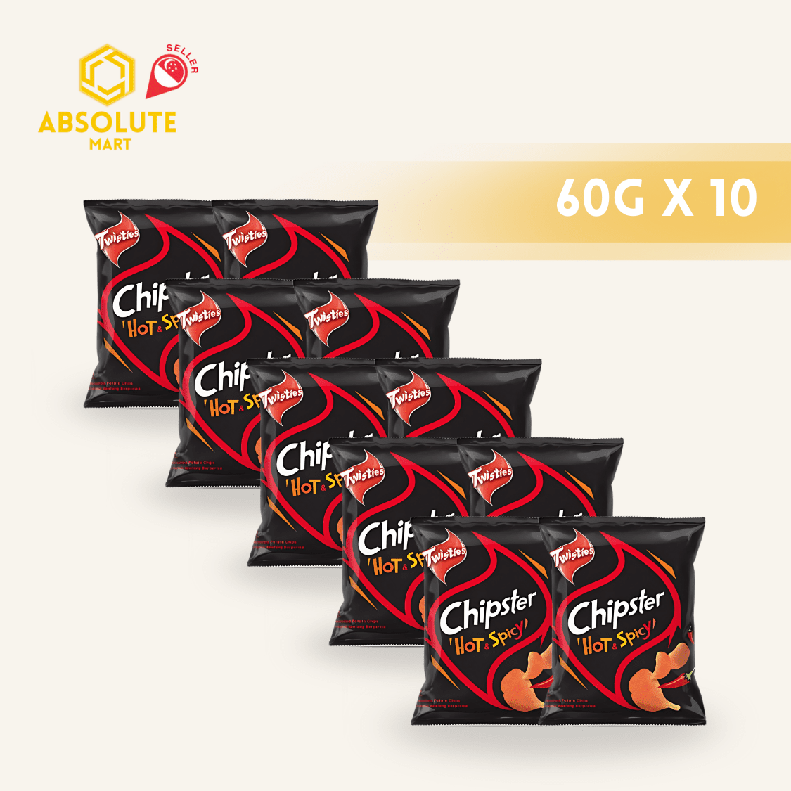 [SINGLE BUNDLE] TWISTIES Chipster Hot & Spicy 60G X 10 X 1 (PACKETS) - ABSOLUTE MART[SINGLE BUNDLE] TWISTIES Chipster Hot & Spicy 60G X 10 X 1 (PACKETS)Corn Chips