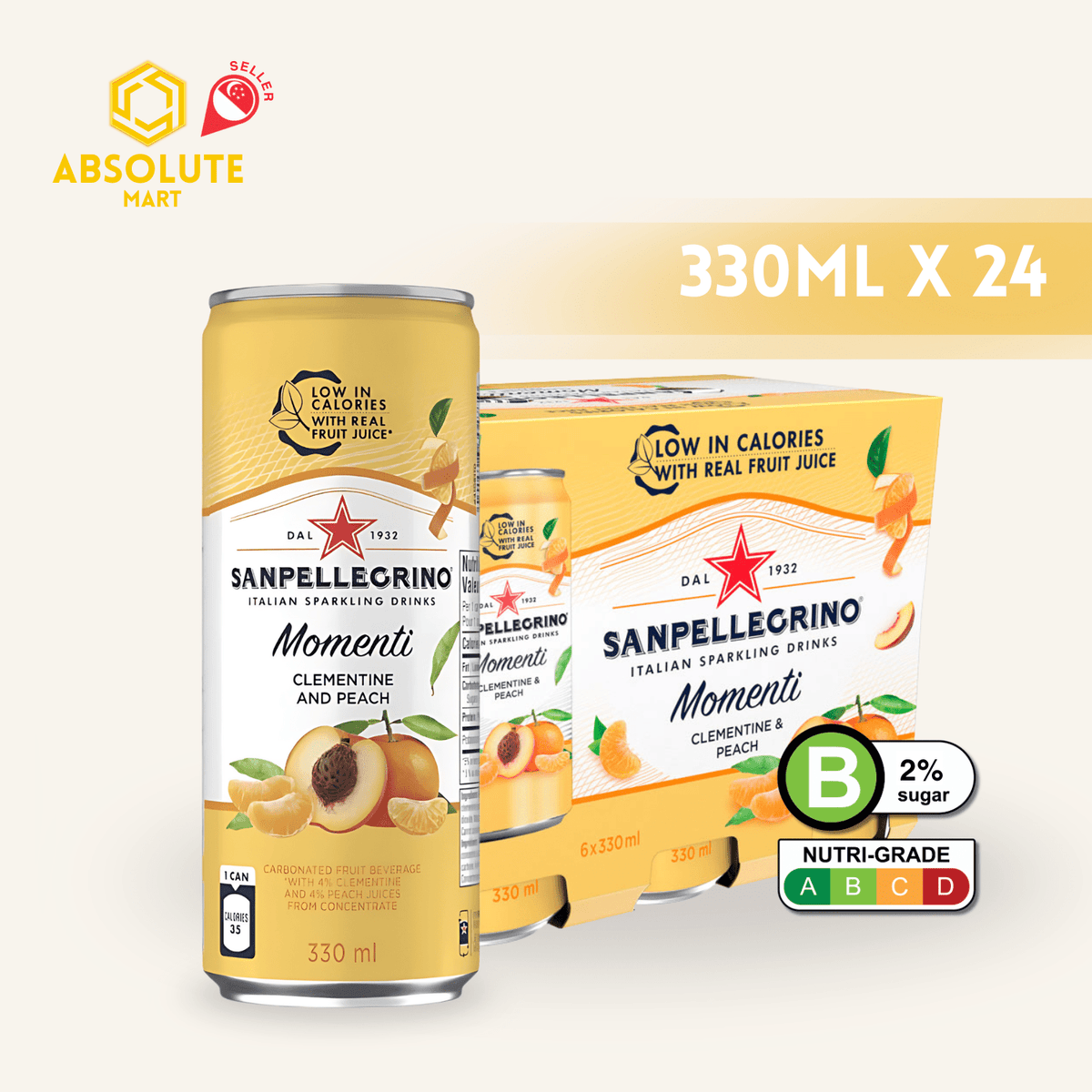 [SINGLE PACK] SAN PELLEGRINO MOMENTI CLEMENTINE & PEACH 330ML X 6 (CAN) - ABSOLUTE MART[SINGLE PACK] SAN PELLEGRINO MOMENTI CLEMENTINE & PEACH 330ML X 6 (CAN)Fruity Sparkling Drinks