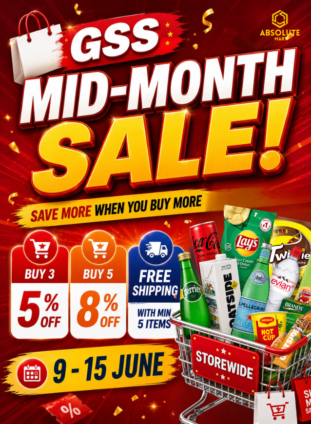 Storewide grocery sale featuring snacks, beverages, pantry essentials and household products with up to 8% off, free shipping on minimum 5 items and bulk purchase savings.