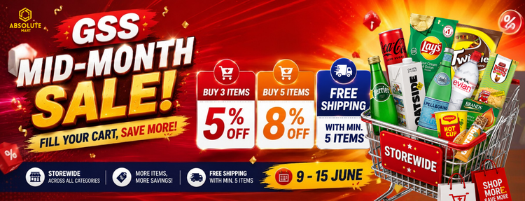 Storewide grocery sale featuring snacks, beverages, pantry essentials and household products with up to 8% off, free shipping on minimum 5 items and bulk purchase savings.
