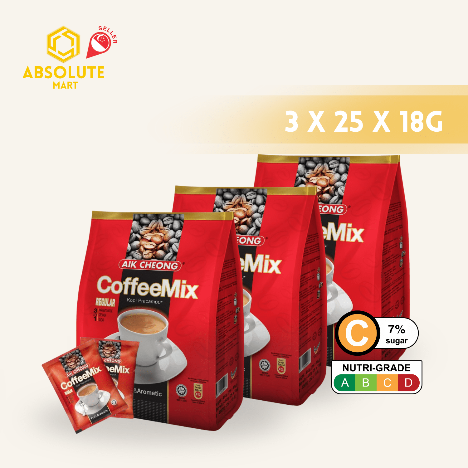 [TRIPLE PACK] AIK CHEONG Regular Coffeemix 3 - IN - 1 3 X 25 X 18G (SACHET) - ABSOLUTE MART[TRIPLE PACK] AIK CHEONG Regular Coffeemix 3 - IN - 1 3 X 25 X 18G (SACHET)Instant Coffees & Coffee Granules