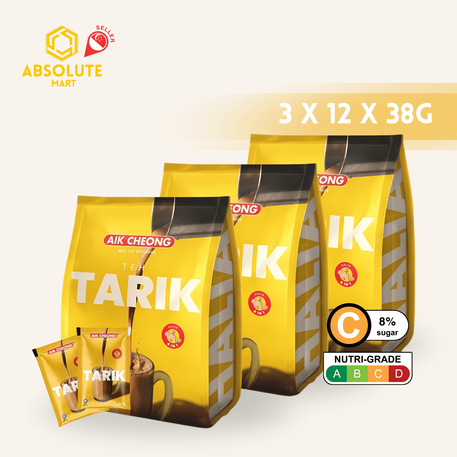 [TRIPLE PACK] AIK CHEONG Teh Halia 4 - IN - 1 3 X 12 X 38G (SACHET) - ABSOLUTE MART[TRIPLE PACK] AIK CHEONG Teh Halia 4 - IN - 1 3 X 12 X 38G (SACHET)Instant Coffees & Coffee Granules